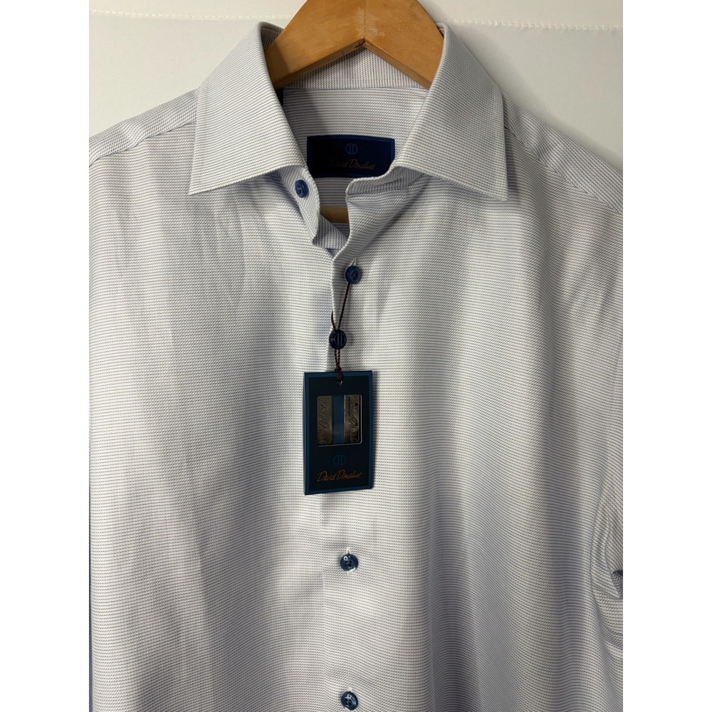 David Donahue Mens Dress Shirt 15.5 34/35 White Blue Check Cotton Career Preppy